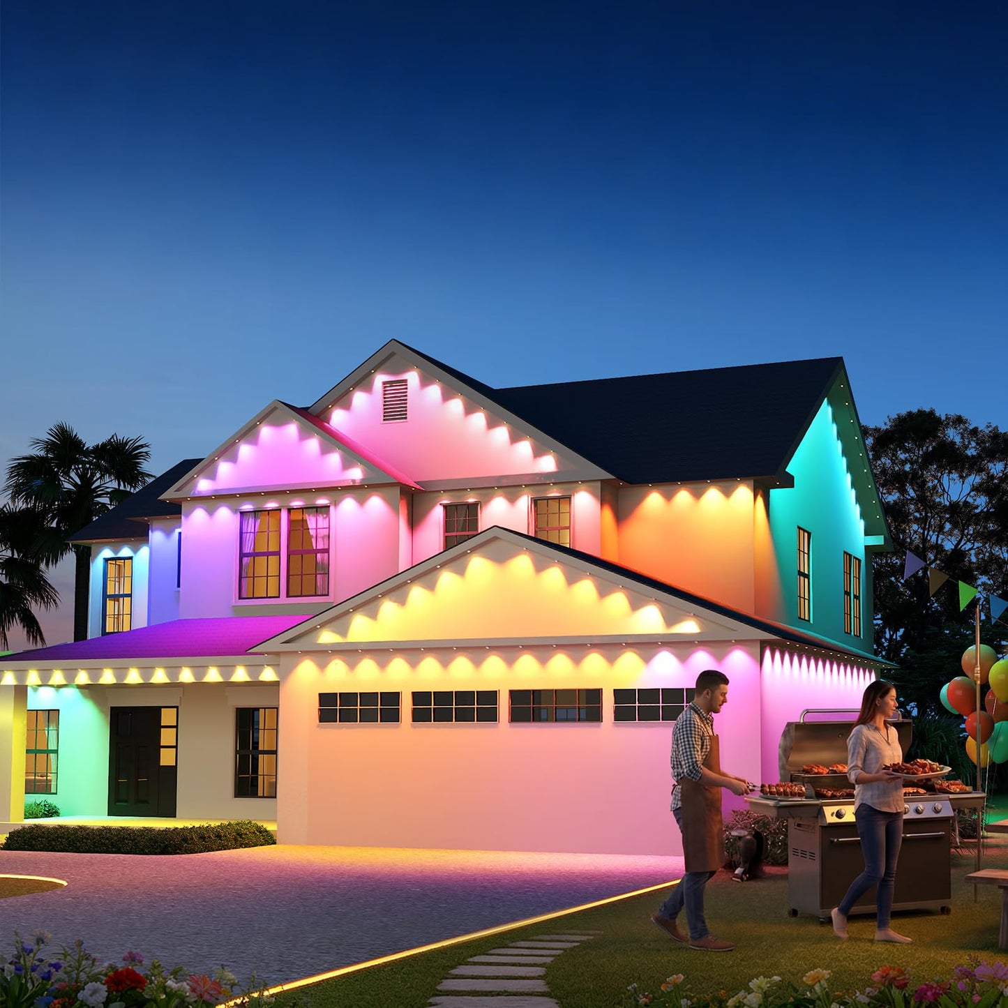 ASAHOM AI Permanent Outdoor Lights S107C, 150FT with 108 RGBCW LED Lights and Dual Output, 30,000 Lighting Effect Combination, IP67 Waterproof for House Halloween Christmas and Daily Decoration, Black