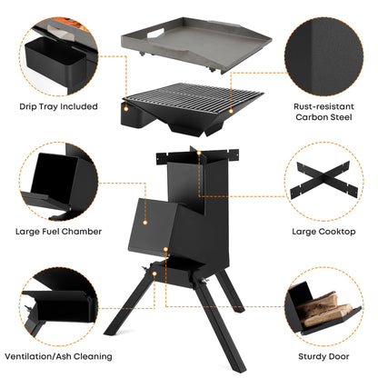Stanbroil 3 in 1 Rocket Stoves with Grill Rack, Griddle and Pot Cooking Stand, Heavy Duty Wood Burning Stoves for Cooking, Camping wood Stove Kit for Off-Grid Supply, Outdoor Grilling Event