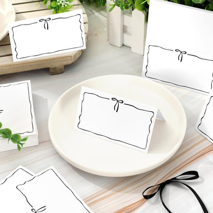 Whaline 100Pcs Bow Place Cards 2 x 3.5 Inch Cute Black Bow Knot Tent Name Cards Blank Seat Assignment Labels for Coquette Birthday Party Table Setting Supplies