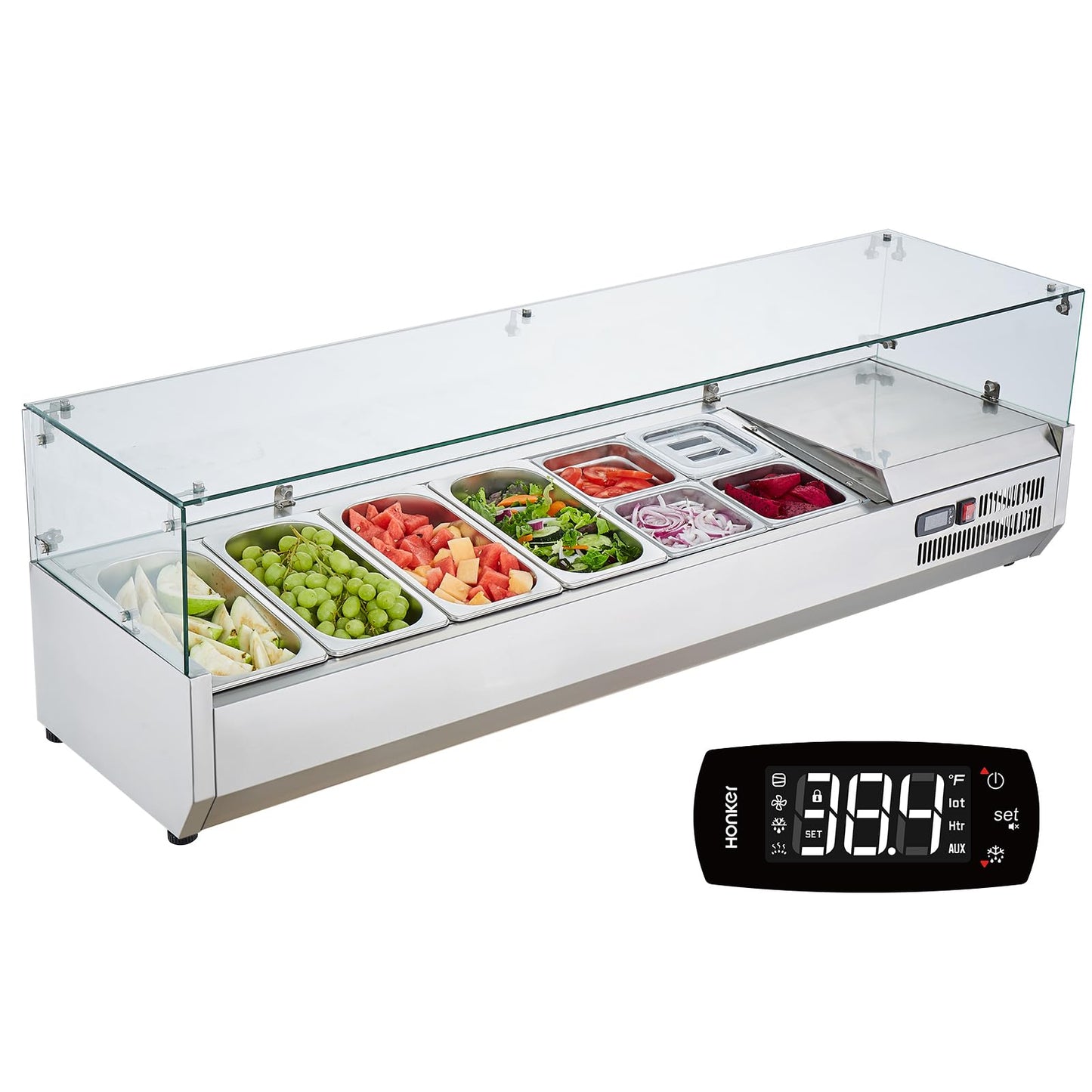 VEVOR Condiment Prep Rail Station, 150 W Countertop Refrigerated Condiment Station, with 4 1/3 4 1/6 Pans, 304 Stainless Body and PC Lid, Sandwich Prep Table with Glass Guard, ETL, Silver