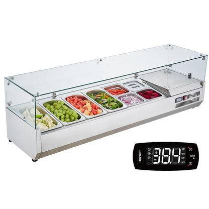 VEVOR Condiment Prep Rail Station, 150 W Countertop Refrigerated Condiment Station, with 4 1/3 4 1/6 Pans, 304 Stainless Body and PC Lid, Sandwich Prep Table with Glass Guard, ETL, Silver