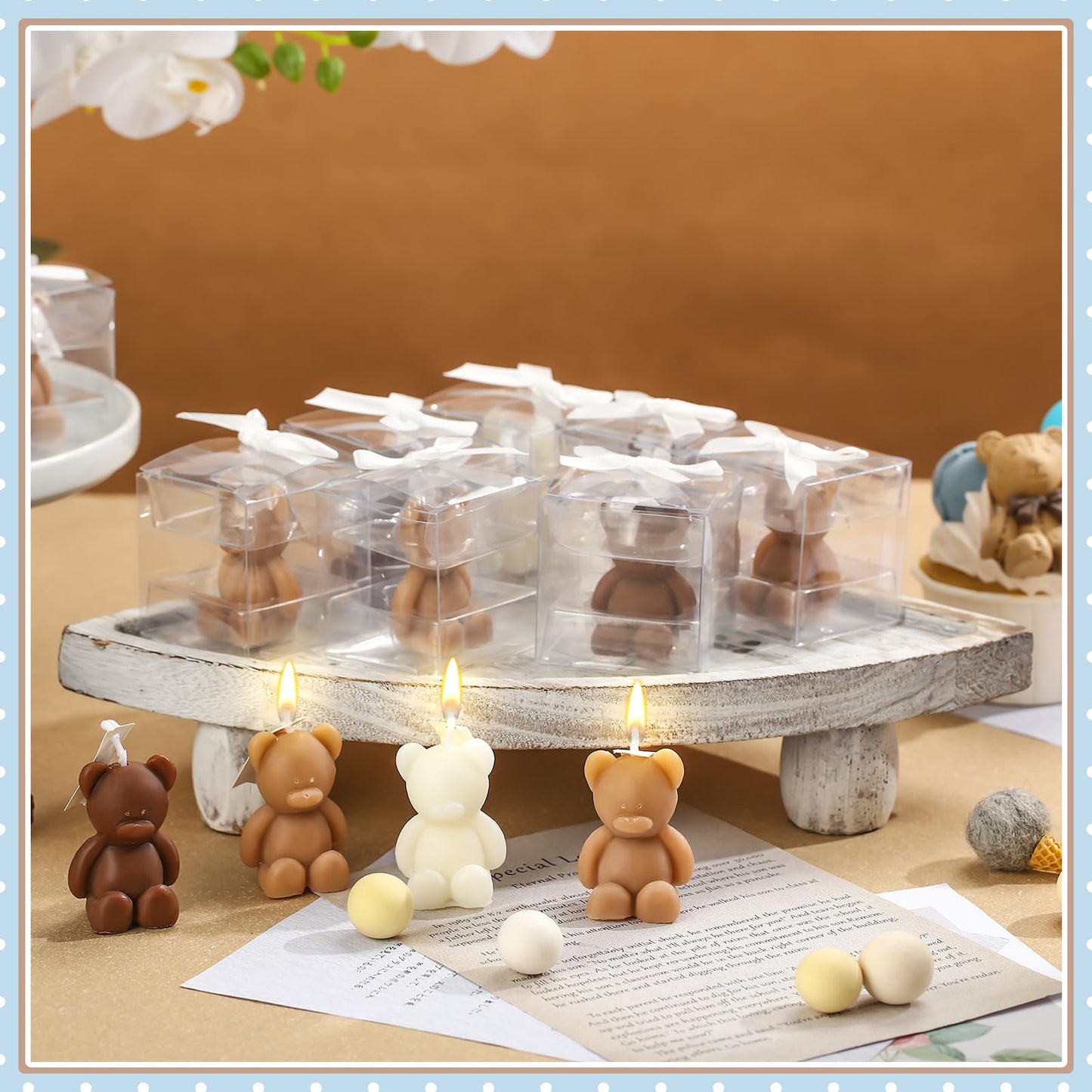 Hoolerry 60 Pcs Baby Shower Favors Mini Bear Candles Party Favors with Boxes Handmade Bear Shaped Candles Bulk for Baby Shower Boys Girls Wedding Gender Reveal Party Guest (White,Brown)