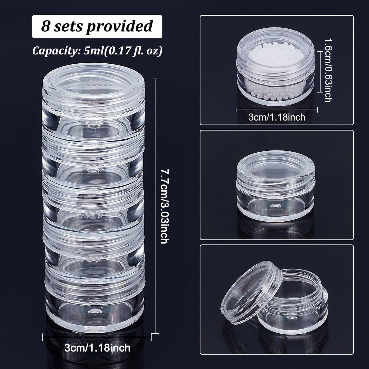 BENECREAT 5G/5ML Stackable Round Plastic Containers 8 Column(5 Layer/Column) Bead Storage Jars for Seed Beads, Diamond Drills and Other Jewelry Components