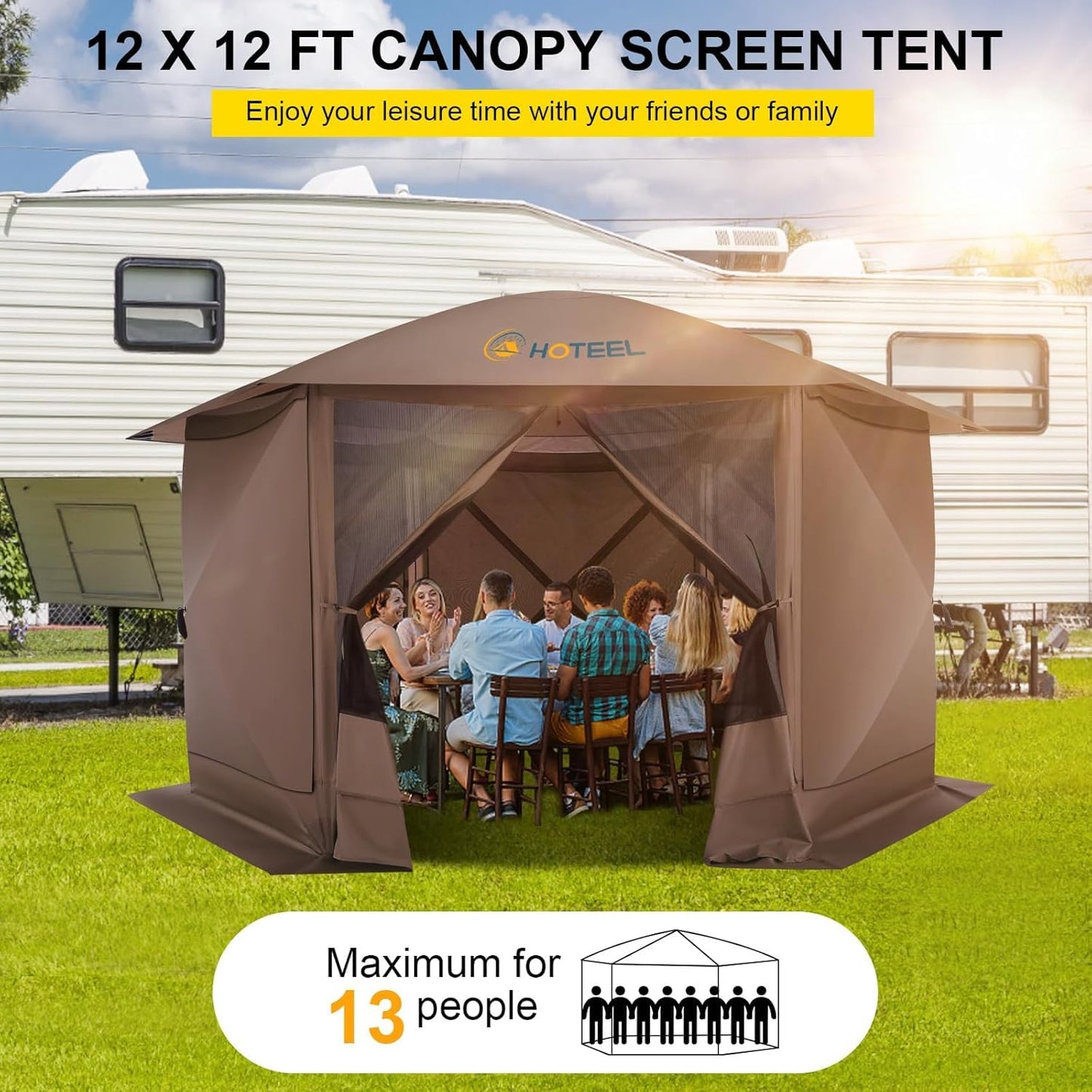 COBIZI 12x12FT Pop Up Gazebo Screen Tent Screen House for Camping, Screen Room with Mosquito Netting, Hub Tent Instant Screened Canopy with Carrying Bag and Ground Stakes, Brown