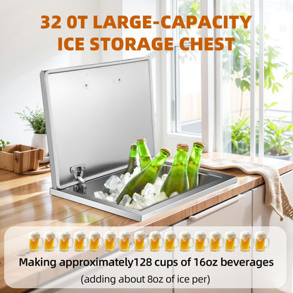 GarveeLife Drop in Ice Chest, 20" L x 14" W x 13" H Stainless Steel Ice Cooler, Commercial Ice Bin with Hinged Cover, Outdoor Kitchen Ice Bar, Drain-Pipe and Drain Plug Included, for Cold Wine Beer