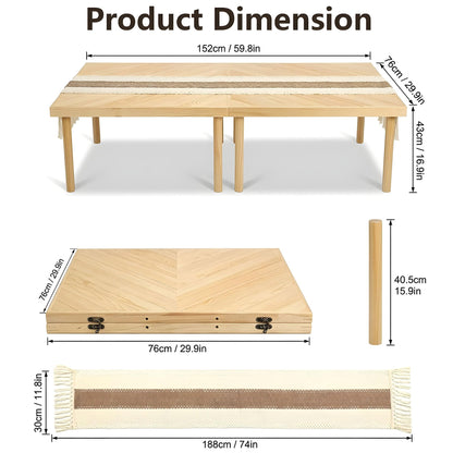 Tademis 60" x 30" Folding Picnic Table with Table Runner,Upgraded 8-Legs, Extra Stable Boho Low Wood Table, Portable Large Picnic Table for Floor Seating, Adjustable Height for Beach, Wedding, Party