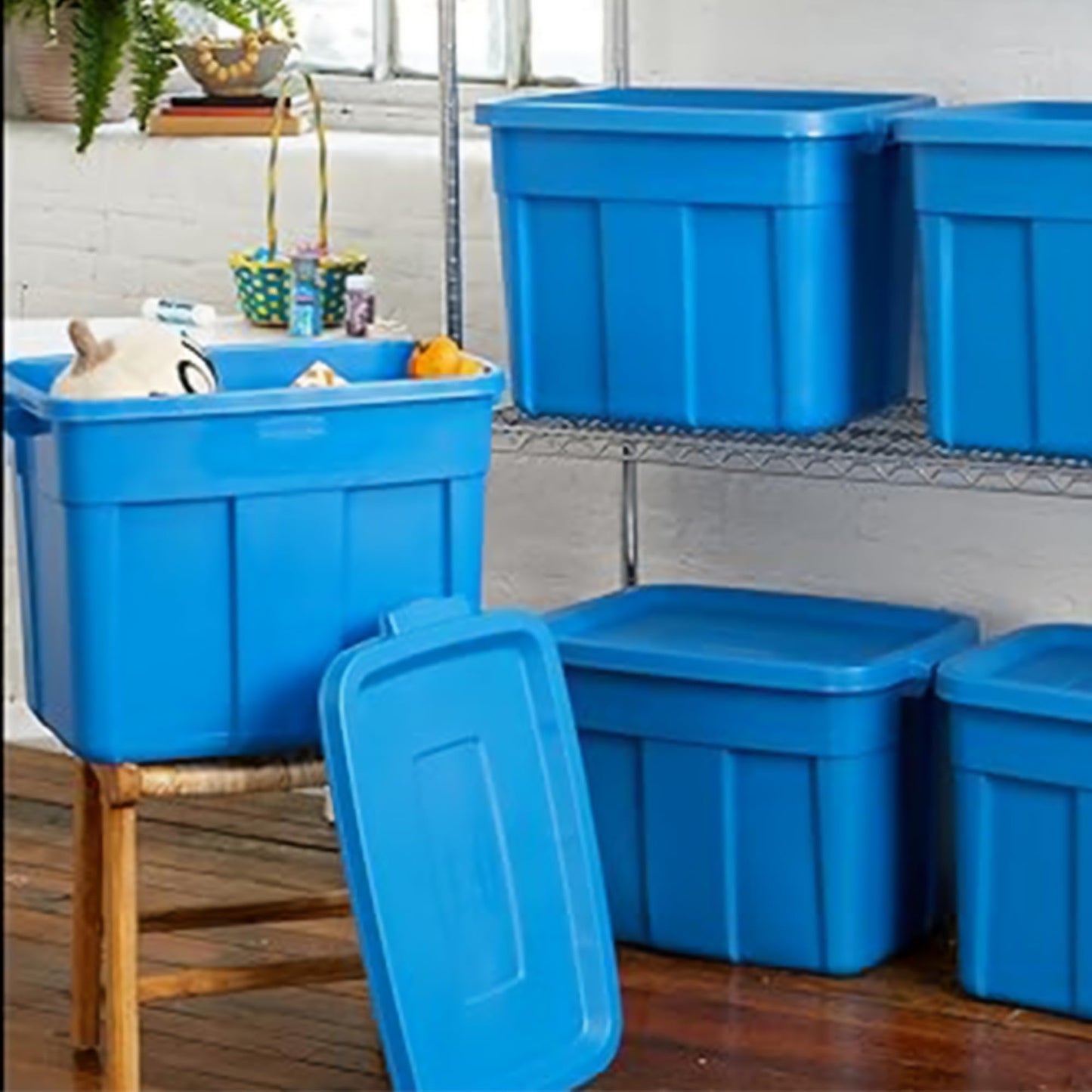 Rubbermaid Roughneck Tote 18 Gal, 6 Pack, Made in USA, Heritage Blue, Rugged Plastic Stackable Storage Bins with Lids and Handles
