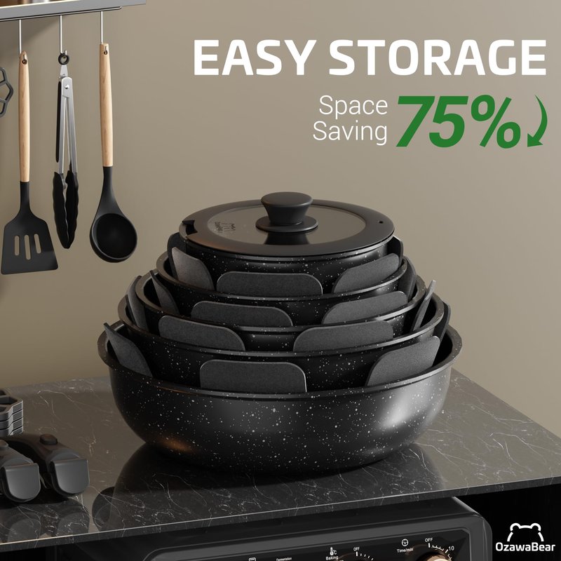 OzawaBear 23 Pcs Pots and Pans Set Non Stick, Ceramic Cookware Set Non Toxic with Detachable Handles, Healthy Induction Cookware Oven Safe RV Kitchen Set, PFAS PFOA & PTFE Free, Black