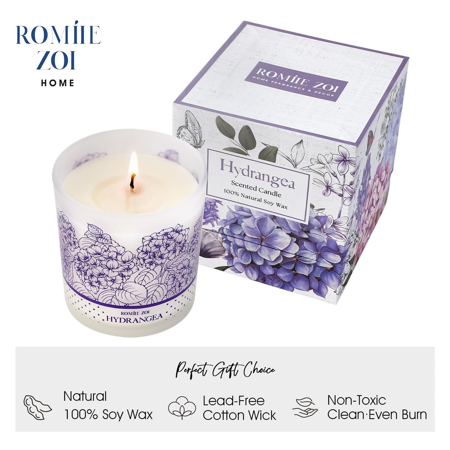 ROMIIE ZOI Scented Candle - Hydrangea - 6oz Aromatherapy Soy Wax Jar Candle for Home, Gifts for Women - 170g
