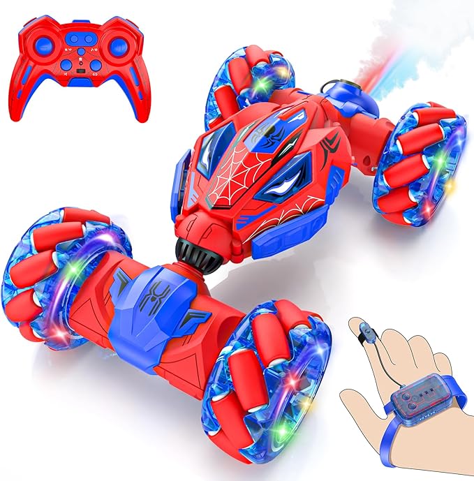 Unique 4WD 360° Rotating Gesture Sensing RC Stunt Car Double‑Sided Driving RC Drift Car with Lights Music &amp Spray Kids Outdoor Cars Toys for Ages 6-12 Gifts for Boys 6-122 Replaceable Batteri
