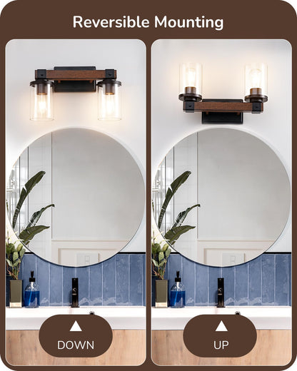 EDISHINE 2-Light Bathroom Vanity Light Fixtures, Dark Wood, Metal, Model HHVL02F, Clear Glass Shade, Ideal for Mirror and Powder Room