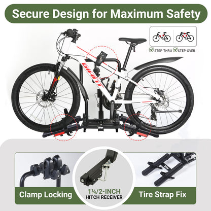 Sport X Hitch Bike Rack, Hitch Bicycle Car Rack for 2 Bikes, Anti-Wobble Locking Tilting Folding Bike Rack with 1¼/2 Inch Receiver for Cars SUVs Trucks, Bike Carrier Platform Fits 16''-29'' Bikes
