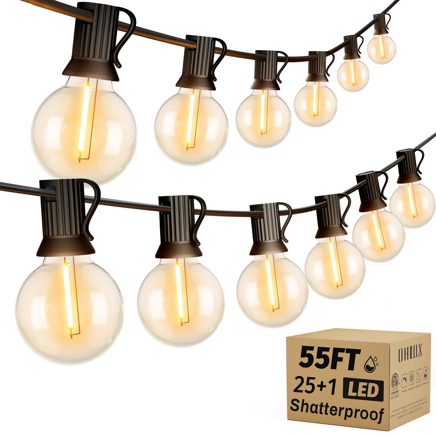 OHLUX Outdoor String Lights, 55FT Shatterproof LED Patio Lights with 26 Dimmable Plastic G40 Bulbs, 2200K Waterproof Connectable Hanging String for Backyard, Cafe, Porch, Deck, E12 Base