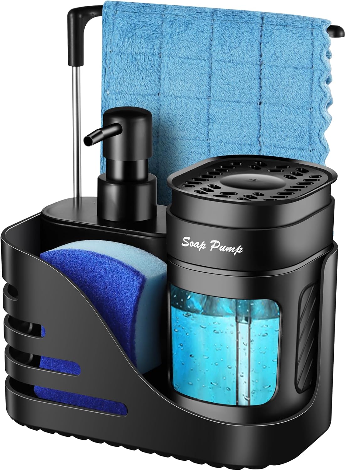 Skiennix Kitchen Soap Dispenser Set - 4-in-1 Dual Soap Dispenser with Sponge & Dishcloth Holder | Black