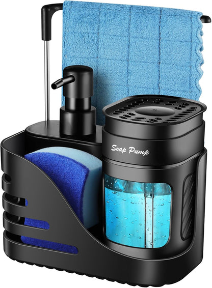 Skiennix Kitchen Soap Dispenser Set - 4-in-1 Dual Soap Dispenser with Sponge & Dishcloth Holder | Black