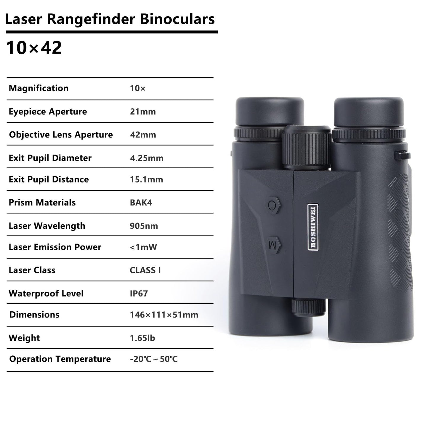 BOSHIWEI ED Glass 10x42 Laser Rangefinder Binoculars HD Optics 2624 Yards Long Distance IP67 Waterproof Range Finder for Golf Bird Watching Black