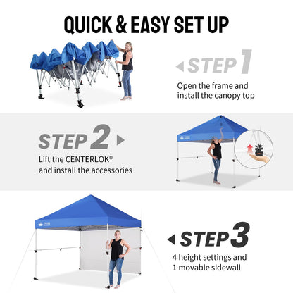 CROWN SHADES 10x10 Pop Up Commercial Canopy Tent, Patented One Push Setup, Heavy Duty Vendor Tent, 1 Removable Sidewall, 4" Wheels, STO-N-Go Bag, 400D Silver Coated, UPF 50+ Waterproof, Blue