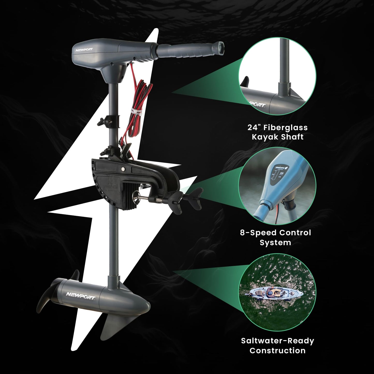 Newport Kayak Series 36lb Thrust Transom Mounted Saltwater Electric Trolling Motor w/LED Battery Indicator (24" Shaft)
