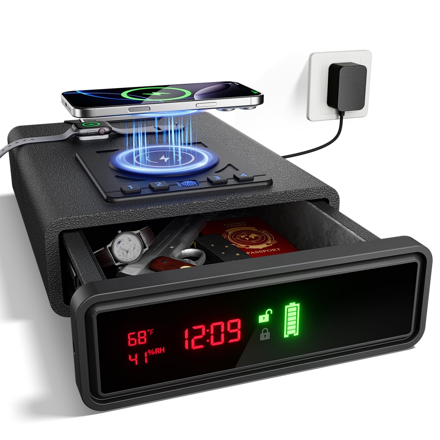 ORARAER Biometric Smart Gun Safe with Wireless Charging, 3 Quick Access Money Box with Fingerprint - Compact Bedside Drawer Safe, 24/7 Digital Clock handgun safe,Gifts for Father's Day