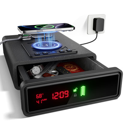 ORARAER Biometric Smart Gun Safe with Wireless Charging, 3 Quick Access Money Box with Fingerprint - Compact Bedside Drawer Safe, 24/7 Digital Clock handgun safe,Gifts for Father's Day