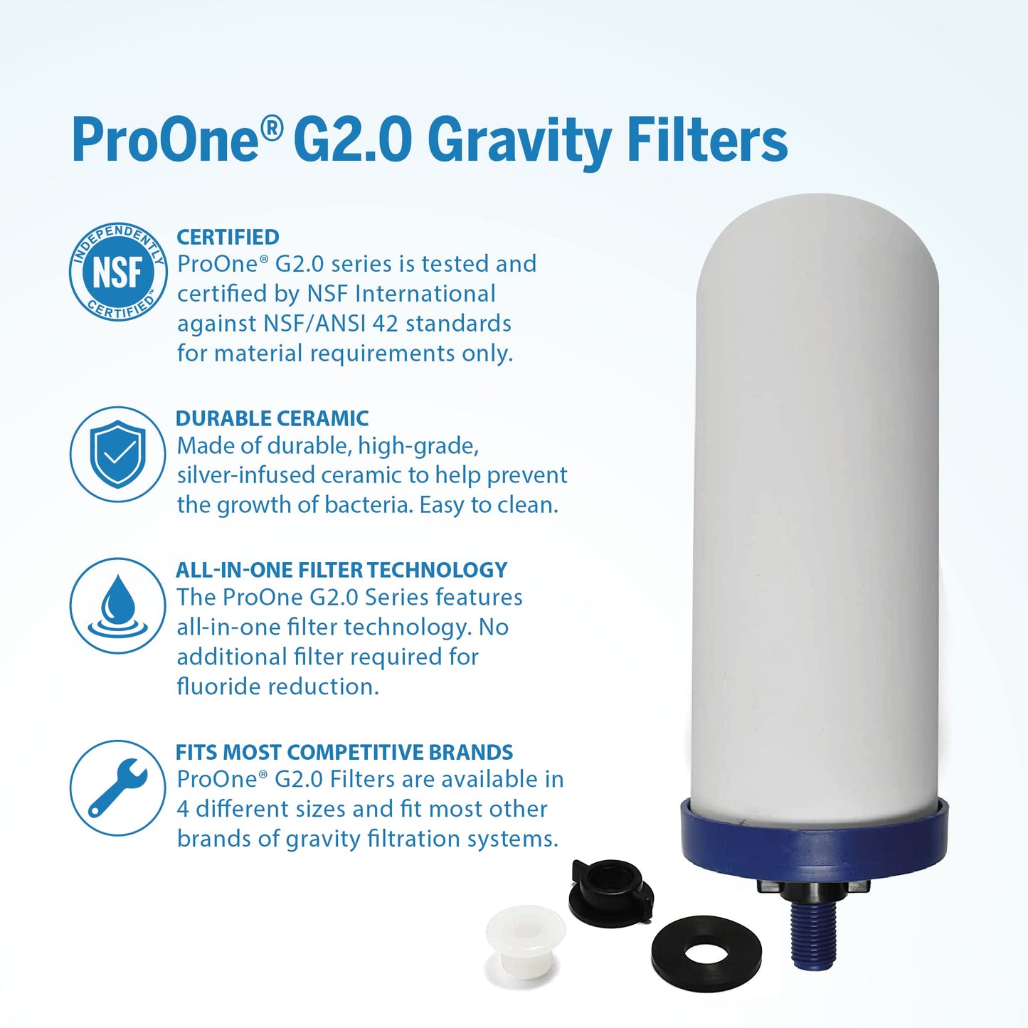 ProOne Big+ Gravity Water Filter System High Capacity Countertop Stainless Steel Water Filter Dispenser IAPMO Certified to Reduce Lead, Total PFAS, Microplastics, Chlorine Taste & Odor, 2 Pack Filter
