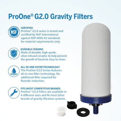 ProOne Big+ Gravity Water Filter System High Capacity Countertop Stainless Steel Water Filter Dispenser IAPMO Certified to Reduce Lead, Total PFAS, Microplastics, Chlorine Taste & Odor, 2 Pack Filter