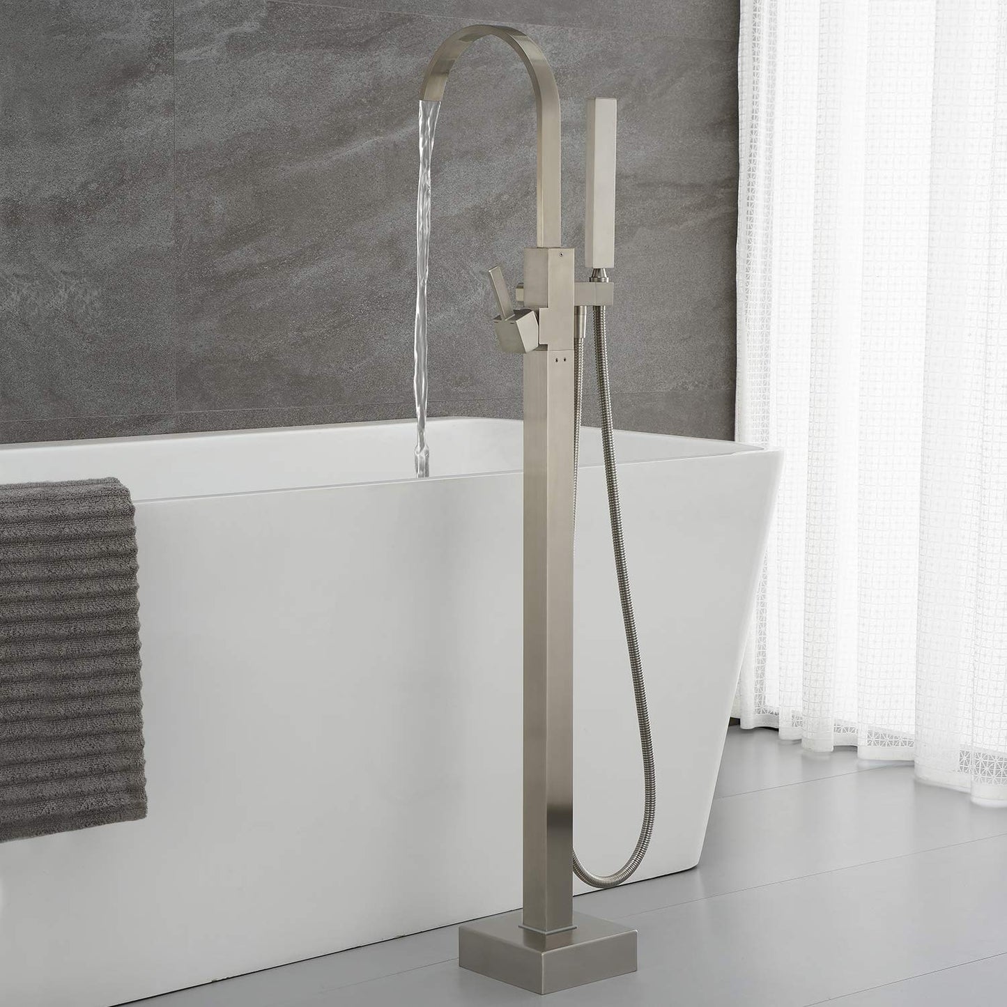 Artiqua Freestanding Bathtub Faucet Tub Filler Brushed Nickel Waterfall Floor Mount Faucets Single Handle with Hand Shower