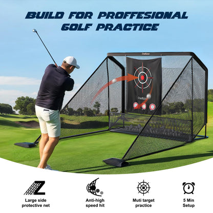 Golf Cage Practice Hitting Net,10x7ft Heavy Steel Frame with 2 Net Side Barriers,for Backyard Driving Chipping Swing Training, Home Range for Indoor& Outdoor.