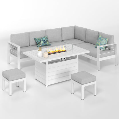 Solaste Aluminum Patio Furniture Set with Fire Pit Table, 6 Piece Sectional Metal Outdoor Furniture with Ottoman, Modern Patio Conversation Set Water-Resistant Cushion for Balcony, Front Porch, White