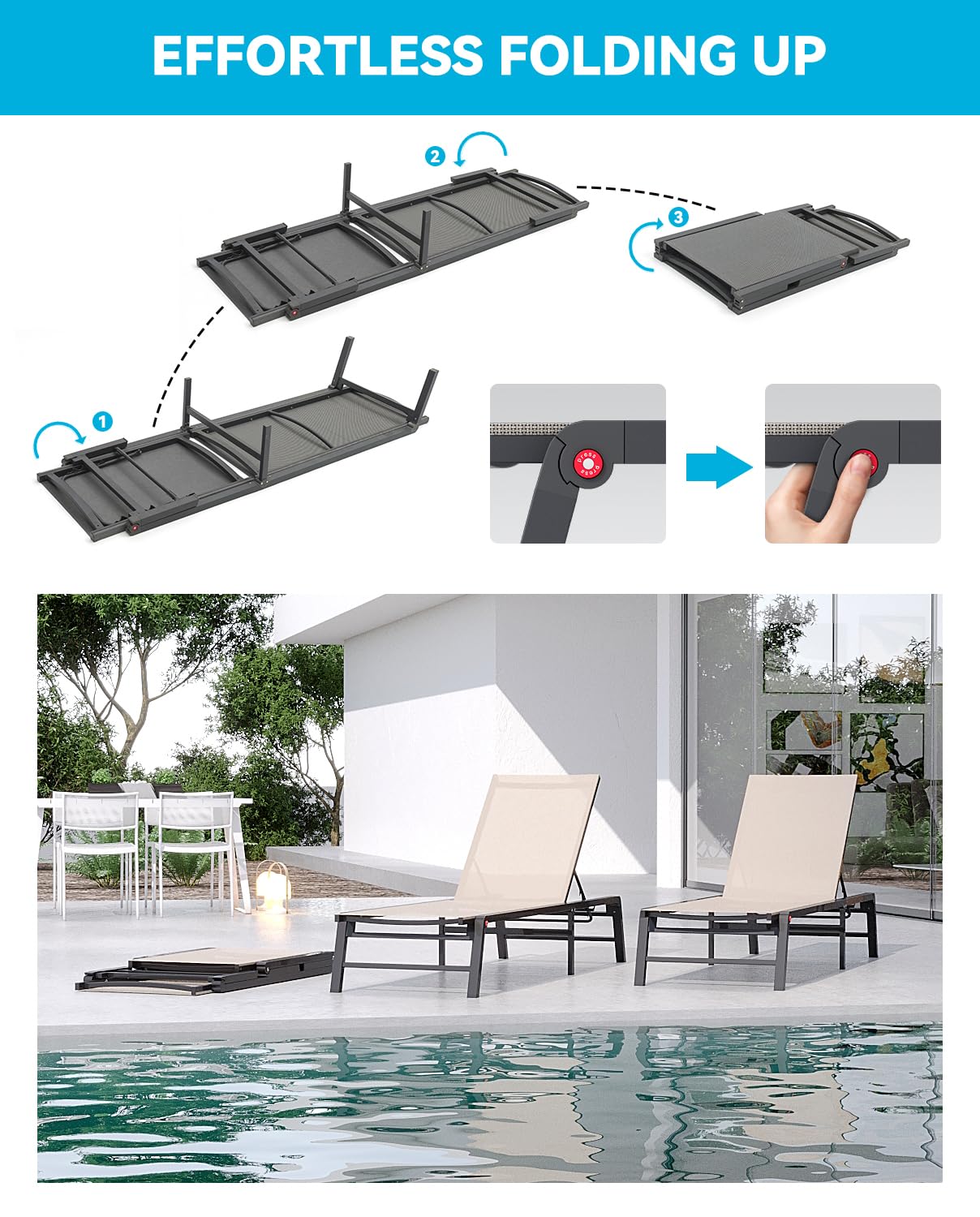 FHVIT Aluminum Chaise Lounge Chair Outdoor, Foldable Patio Lounge Chair Assemble-Free, Pool Lounge Chairs with 5 Adjustable Backrest, Outdoor Lounge Chairs for Outside Poolside Beach Lawn Beige