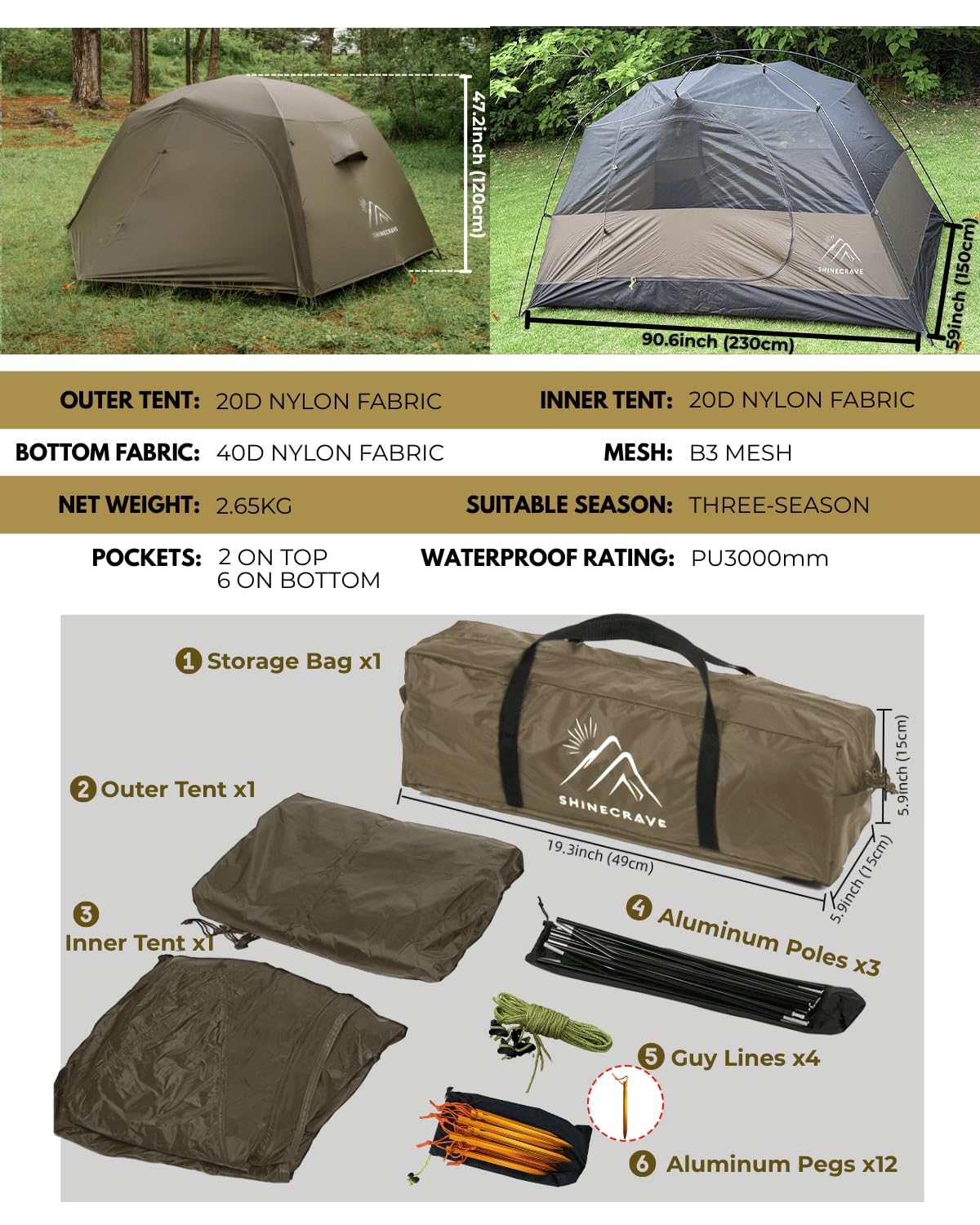 Camping Tent 2 Person,Ultra Large Capacity, 3 Season Backpacking Tent 2 Person, PU3000mm, Free Standing,Lightweight,Ideal for Camping, Hiking, Glamping, Mountaineering (Army Green)