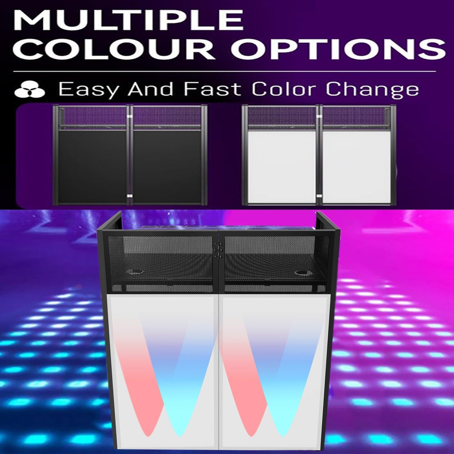 DJ Facade Portable Booth Table with White & Black Lighting Scrim,50" L X 25" W DJ Stand Booth,Foldable DJ Table Station with Adjustable DJ Event Facade Feet for Party, Black Metal Frame