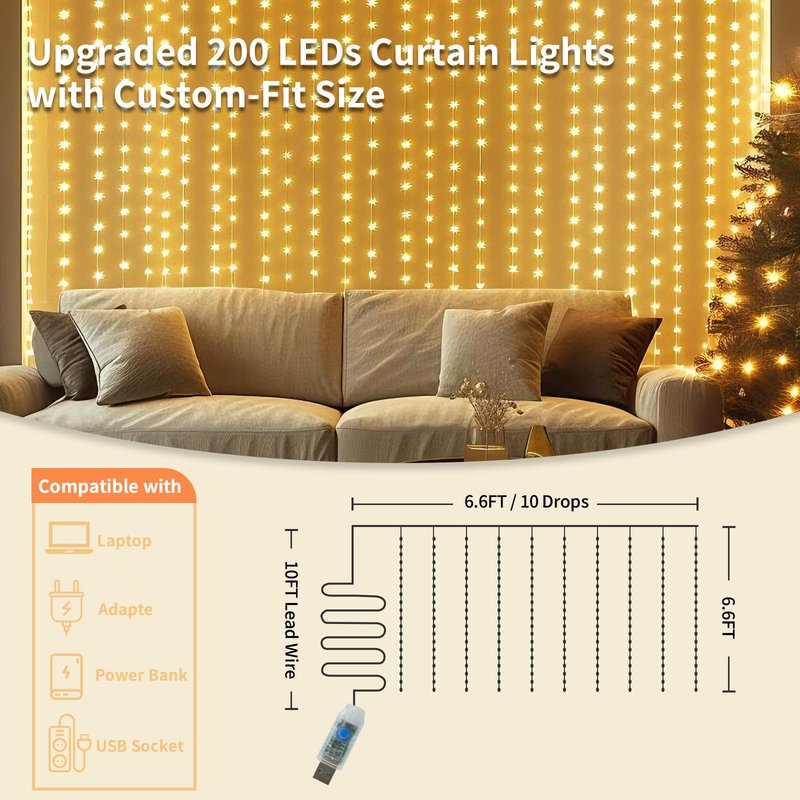 Patioman Fairy Curtain Lights, 200 LED Upgraded Tangle-Free Hanging Lights with Remote, USB Plug in String Lights for Bedroom Wall Window Wedding Party Xmas Home Décor - 6.6 x 6.6 Ft, Warm White