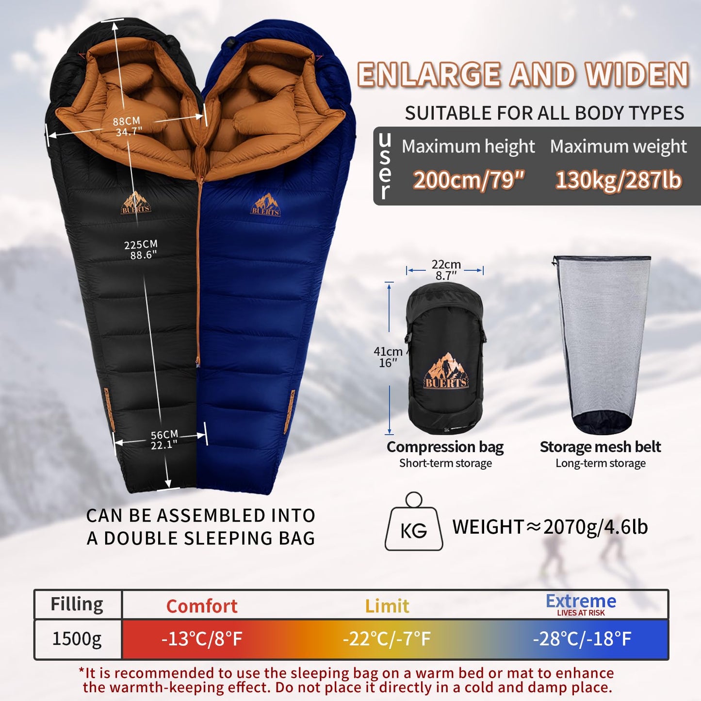 BUERTS Down Backpacking Sleeping Bag.Cold Weather Sleeping Bag 30°F 20°F 10°F (Multiple Temperature Options), XL Large 4 Season Sleeping Bag for Adults Camping Hiking Mountaineering (Blue -7°F)