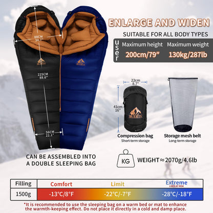 BUERTS Down Backpacking Sleeping Bag.Cold Weather Sleeping Bag 30°F 20°F 10°F (Multiple Temperature Options), XL Large 4 Season Sleeping Bag for Adults Camping Hiking Mountaineering (Blue -7°F)