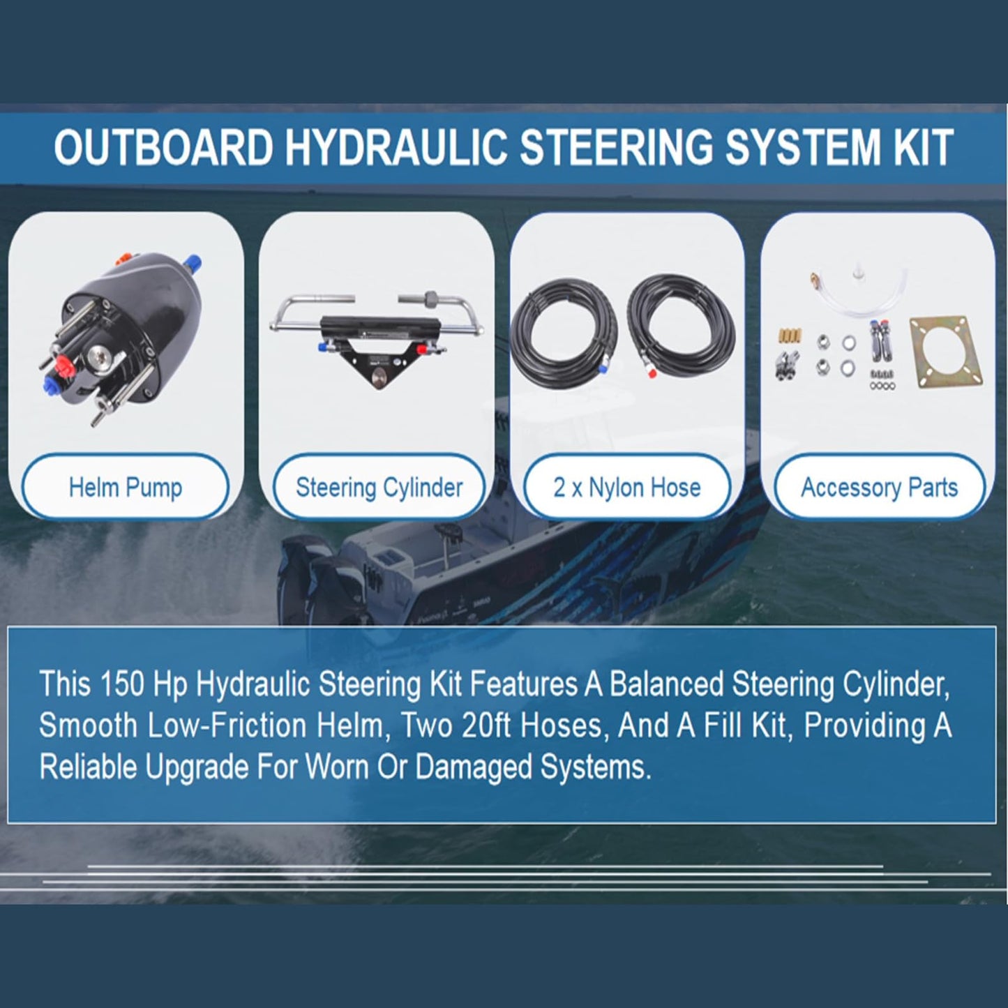 GELUOXI 150HP Marine Outboard Hydraulic Steering Kit with Dual-Lock Cylinder, High-Pressure Pump (6.9mpa/1000psi), 2X 20ft Durable Nylon Hose (5/16") for Single-Engine Boats