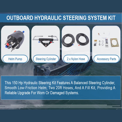 GELUOXI 150HP Marine Outboard Hydraulic Steering Kit with Dual-Lock Cylinder, High-Pressure Pump (6.9mpa/1000psi), 2X 20ft Durable Nylon Hose (5/16") for Single-Engine Boats