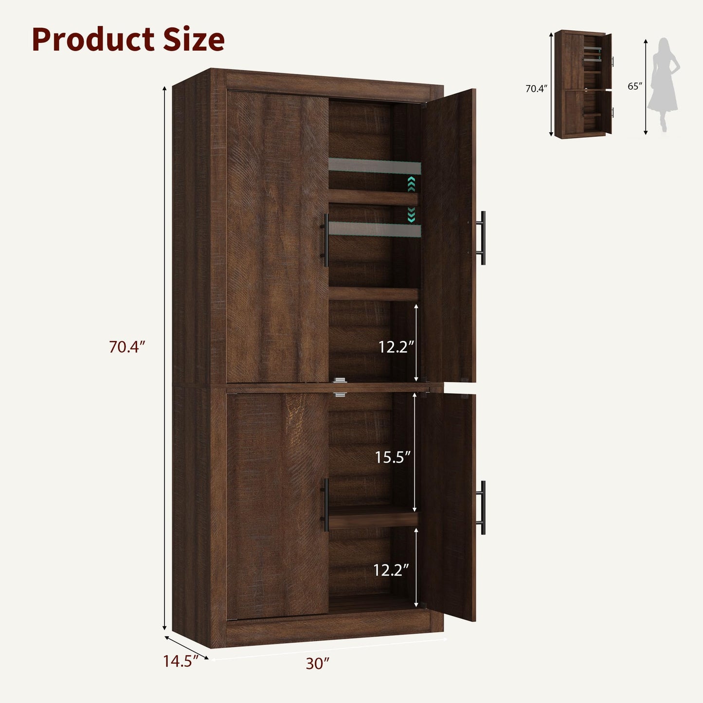 IDEALHOUSE Tall Wooden Kitchen Pantry Cabinet, Farmhouse 4-Magnetic Door Freestanding Food Storage Cupboard Pantry Cabinet with Adjustable Shelves & Large Storage for Dining, Living Room, Retro Brown