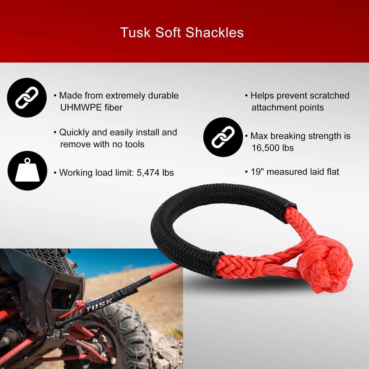 Tusk Heavy Duty UTV/ATV Kinetic Recovery Kit with Kinetic Rope (5/8” x 20’) Tree Strap (3' X 8') Aluminum Snatch Recovery Ring and Two Shackles (Stage 3, Synthetic)