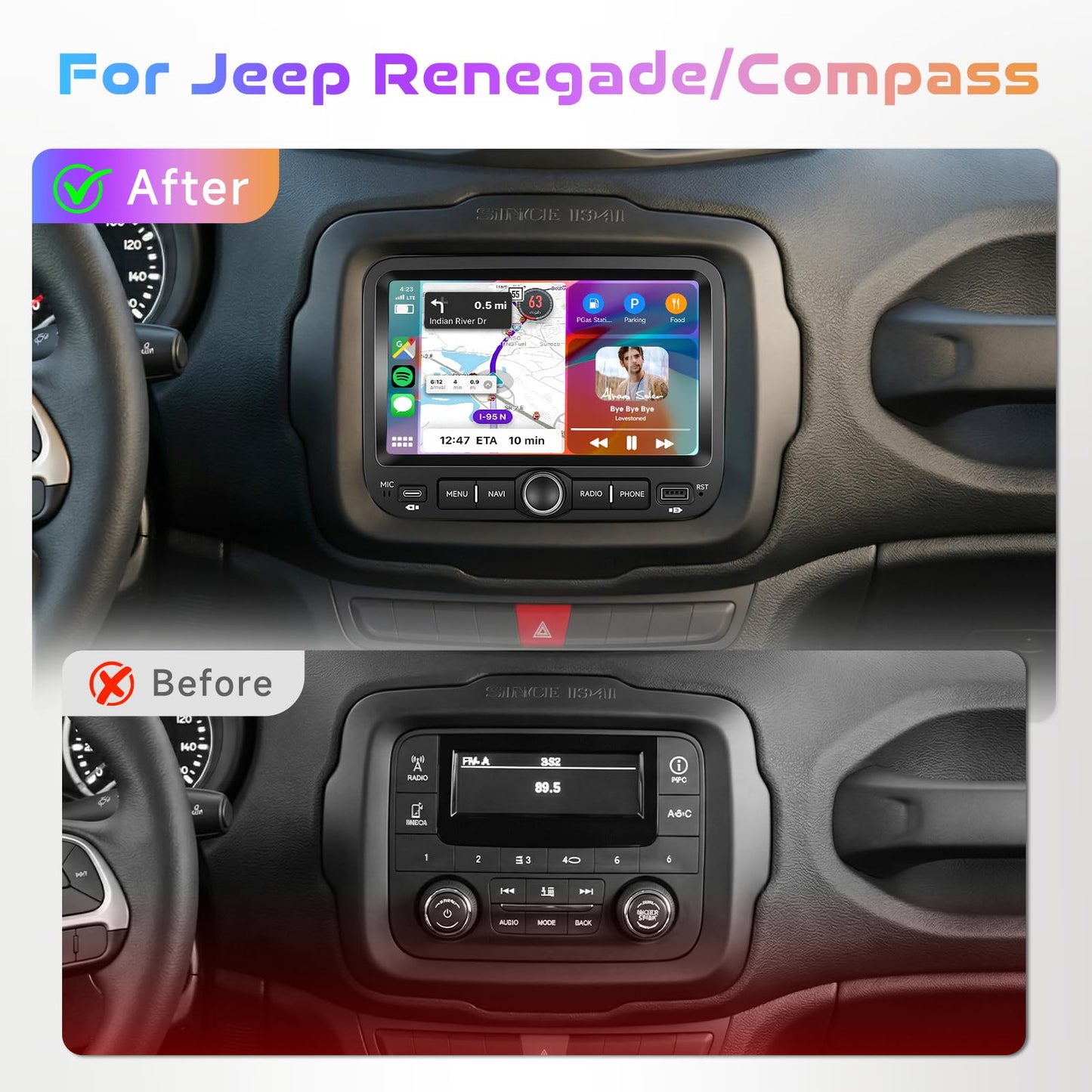 4G+64G Car Stereo For Jeep Renegade 2016-2021/Compass Android 7 Inch Incell Touch Screen Stereo GPS Navigation with Wireless Carplay Android Auto Double Din Car Radio Bluetooth DSP WiFi FM RDS, Camera