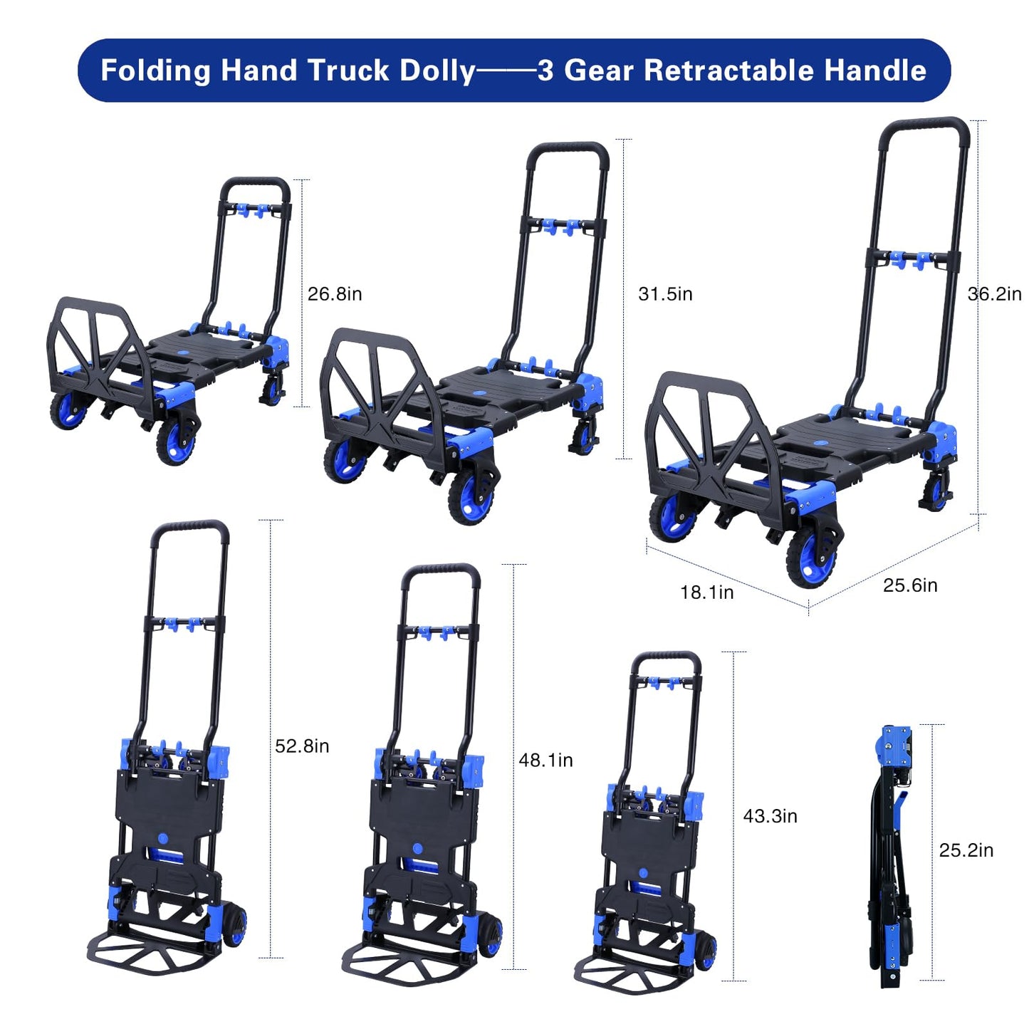 2 in 1 Hand Truck Dolly Foldable with Basket,Hand Truck Foldable with Retractable Handle,330LBS Capacity Folding Hand Cart,Portable Dolly Cart with Wheels for Moving