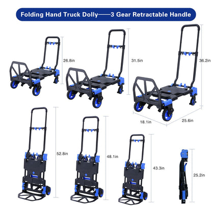 2 in 1 Hand Truck Dolly Foldable with Basket,Hand Truck Foldable with Retractable Handle,330LBS Capacity Folding Hand Cart,Portable Dolly Cart with Wheels for Moving