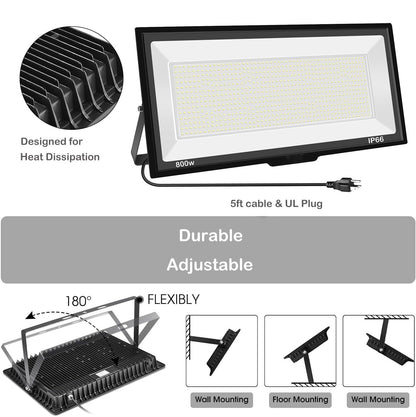 Sunkkes 800W LED Flood Light Outdoor, 6000K 80000LM Daylight White Security Lights Outside Lamp, IP66 Waterproof Exterior Floodlights Lighting for Garden Yard Stadium Arena