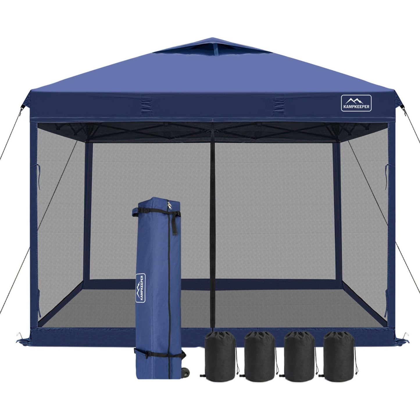KAMPKEEPER 10x10 Pop-Up Canopy Tent, Waterproof Portable Shade with Screen Walls, Adjustable Instant Outdoor Shelter for Camping, Backyard, and Events, Navy Blue