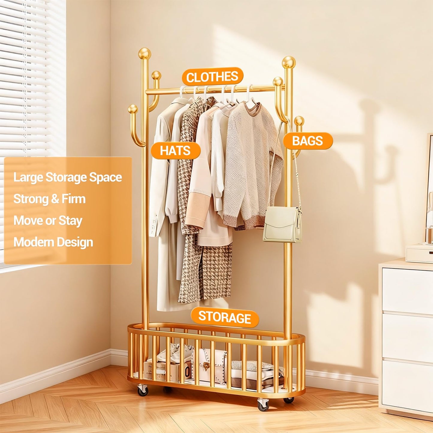 CuisinSmart Rolling Clothes Rack with Wheels, 68.9 Inch Tall Heavy Duty Metal Gold Garment Rack with Basket, Movable Portable Clothes Rack for Bedroom 100cm Black