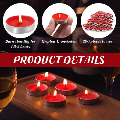 200 Pcs Tea Lights Candles Smokeless Mini Tealight Dripless Candles Bulk for Dinner Party Home Decoration Wedding Centerpiece Birthday Valentine(Red)
