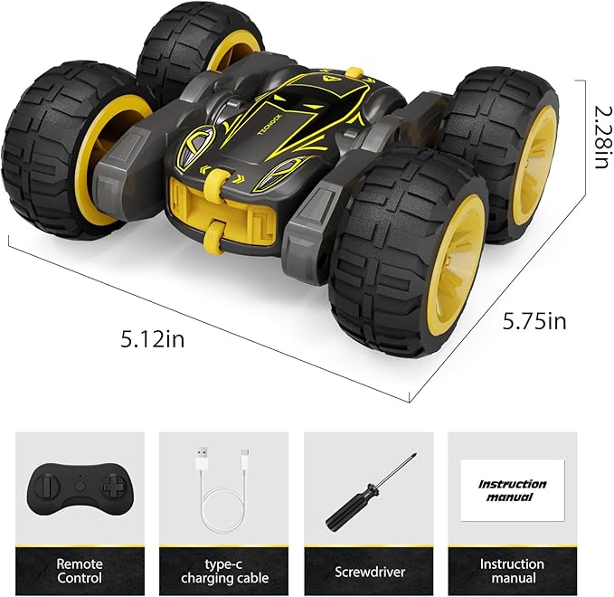 Tecnock Remote Control Car for Kids 2.4GHz RC Cars with USB-C Easy Charging 4WD Double Sided 360° Rotates and Flips RC Stunt Car Toys Gift for Boys and Girls Ages 6-8 8-12