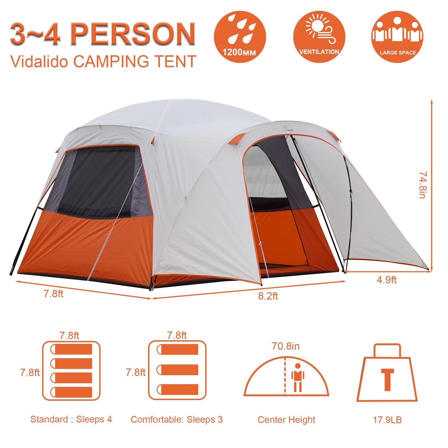 Vidalido 3-4 Person Tent with 1 Mesh Door and 2 Large Mesh Window, Double Layer Waterproof Portable Family Cabin Tent, 4 Person Tents for Outdoor Camping Hiking