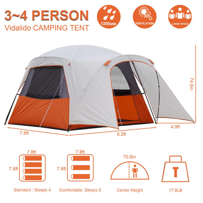 Vidalido 3-4 Person Tent with 1 Mesh Door and 2 Large Mesh Window, Double Layer Waterproof Portable Family Cabin Tent, 4 Person Tents for Outdoor Camping Hiking