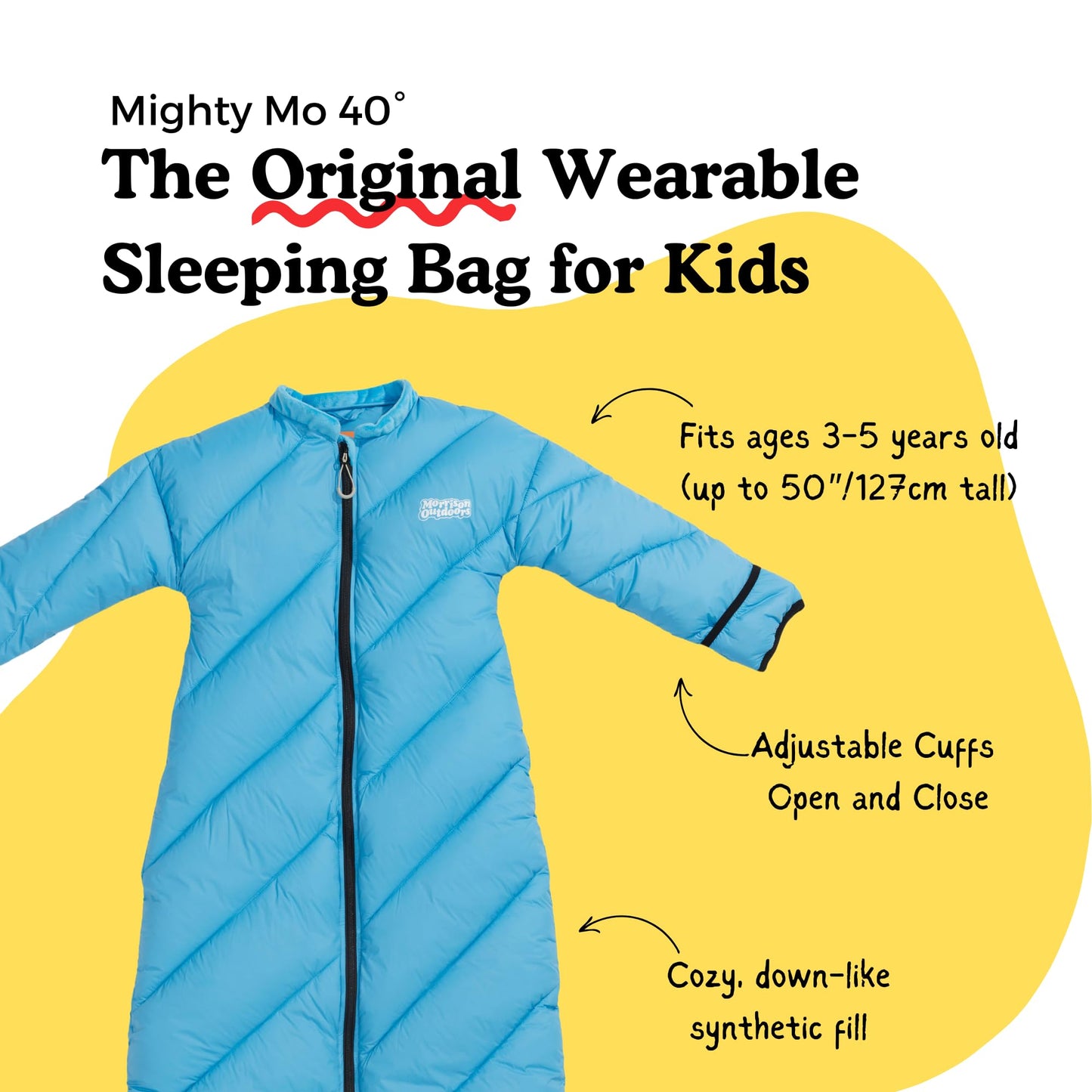 Mighty Mo 40° Kids Sleeping Bag (Ages 3-5). The Comfiest, Coziest Camping Sleeping Bag for Kids, with Adjustable Cuffs. (Bayberry Blue)